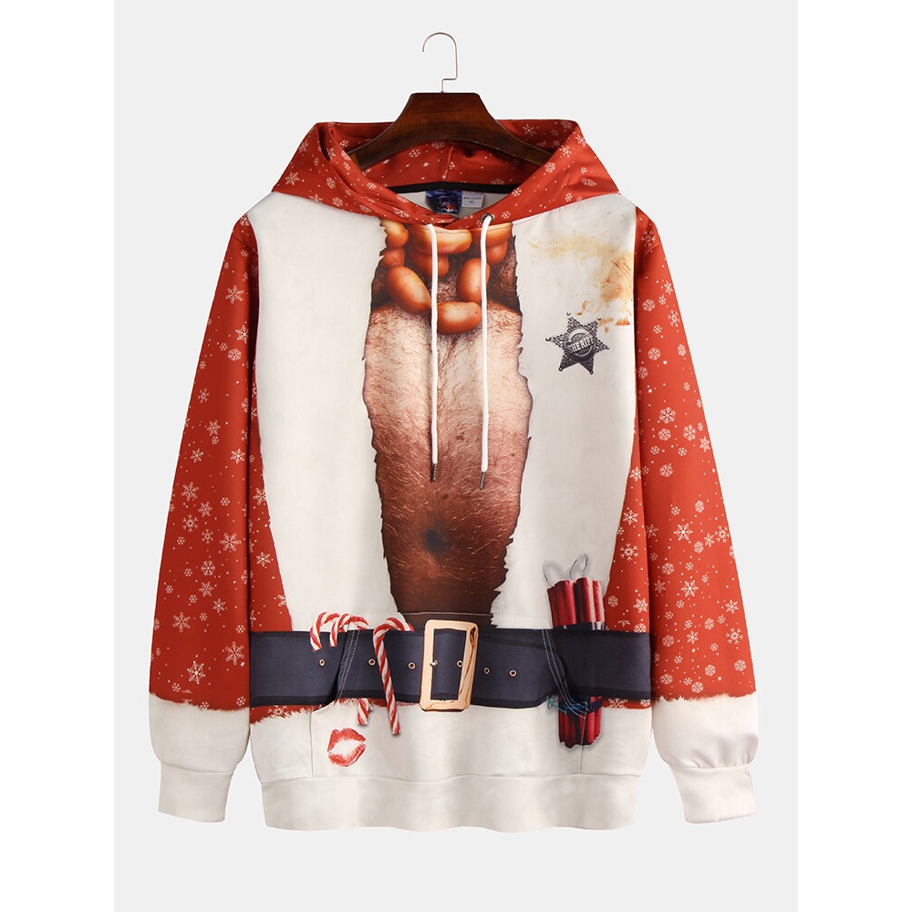 Printing Long Sleeve Hooded Pullover Sweatshirt - L Red