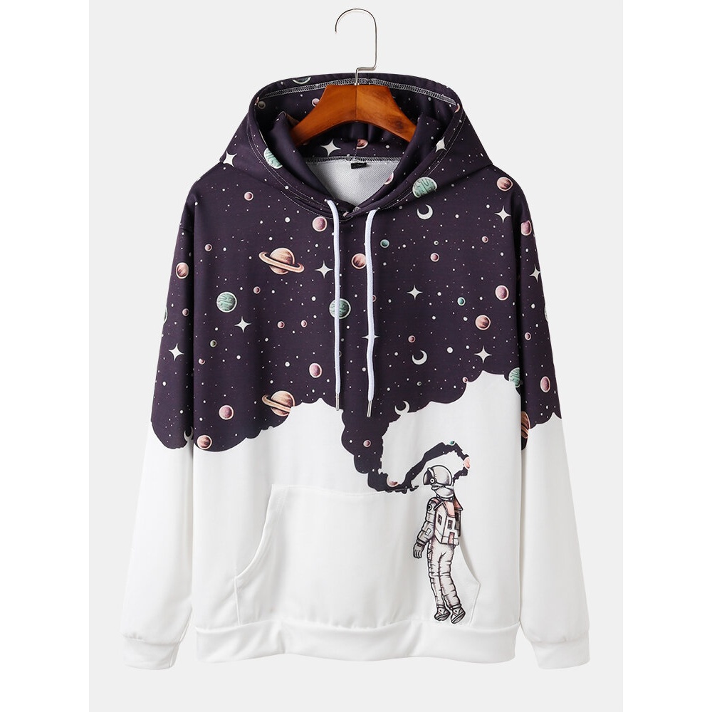 Mens Design Astronaut Galaxy Print Long Sleeve Hoodies With Pocket - White M