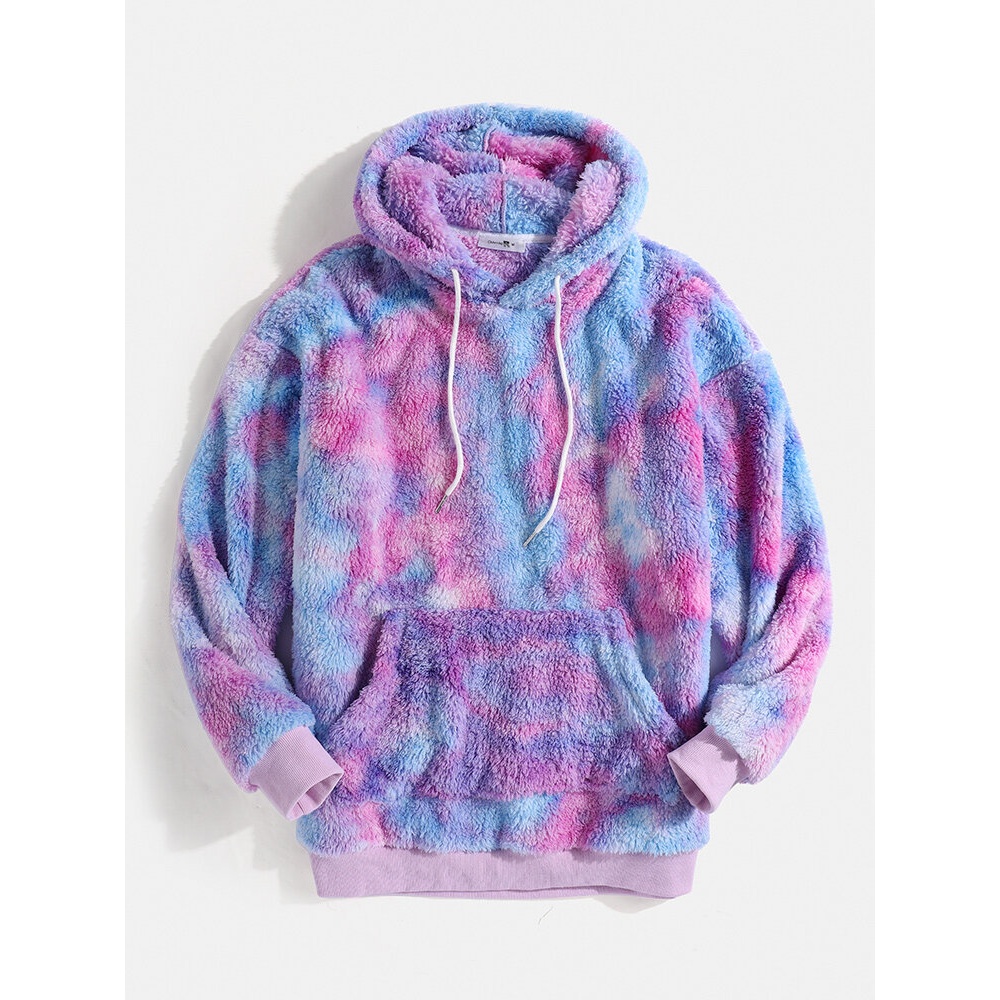 Mens Tie Dye Kangaroo Pocket Long Sleeve Teddy Hoodie - M Purple