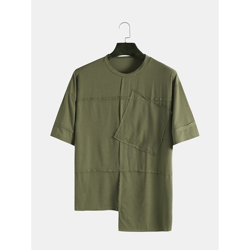 Men Cotton Solid Color Patchwork Round Neck Short Sleeve - L Wine Red