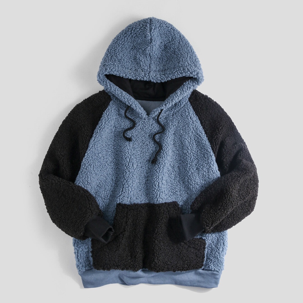 Fashion Mens Patchwork Drawstring Hooded Sweatshirt - 3XL Blue - Image 2