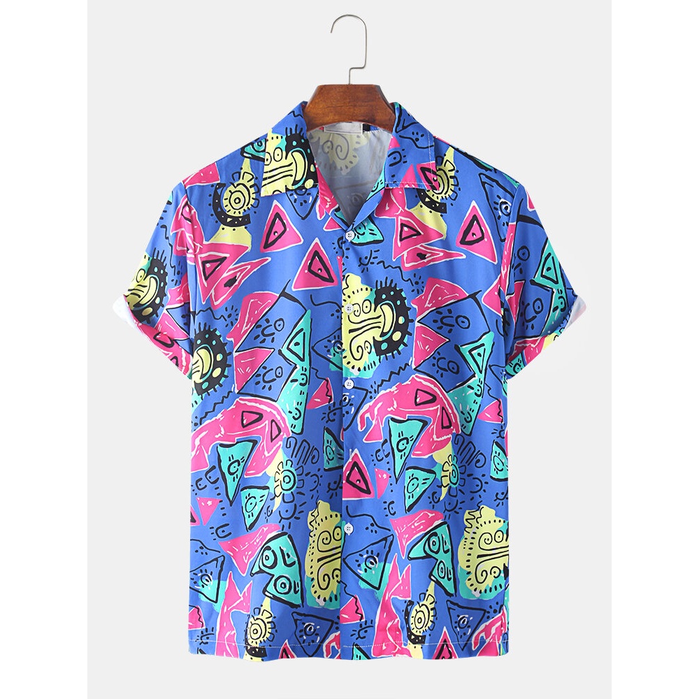 Men Funny Colorful Graffiti Abstract Geometric Printed Short Sleeve Casual Shirts - Blue 2XL