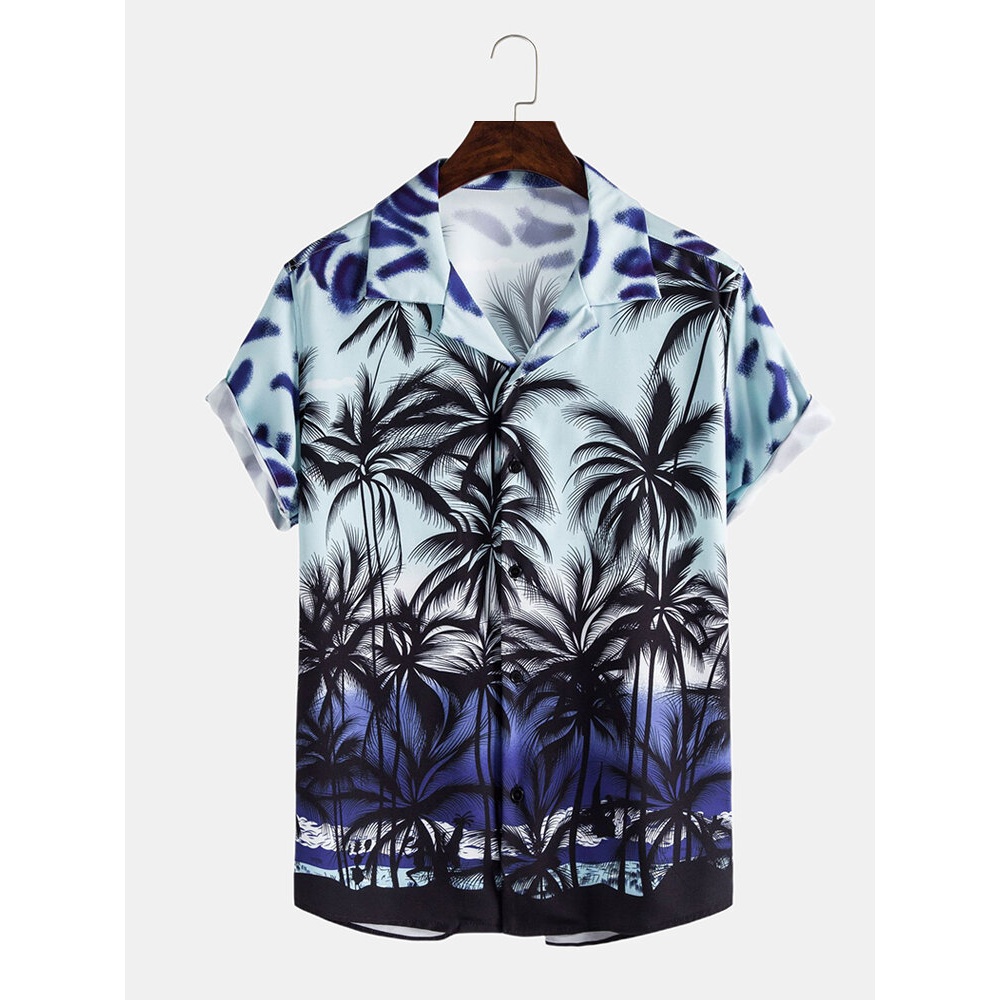 Mens Casual Gradient Tropical Coconut Print Lapel Collar Short Sleeve Hawaii Shirts - Black L
