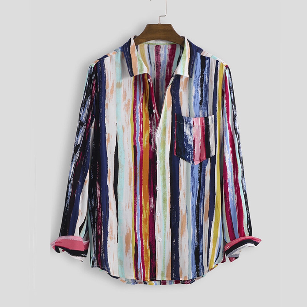 Autumn Stripe Multi Color Printing Long Sleeve Casual Shirts - M Yellow - Image 2