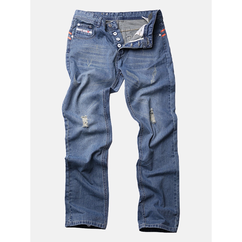 Mens Vintage Holes Light Blue Straight Slim Button Jeans - 30 Light Blue
