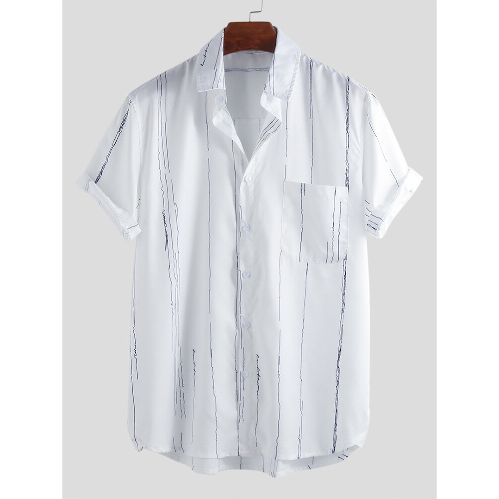 Mens Summer Fashion Stripe Printer Pocket Casual Shirts - 3XL White