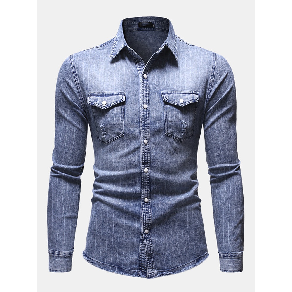 Mens Vintage Stripe Double Pockets Denim Long Sleeve Casual Shirts - S Grey