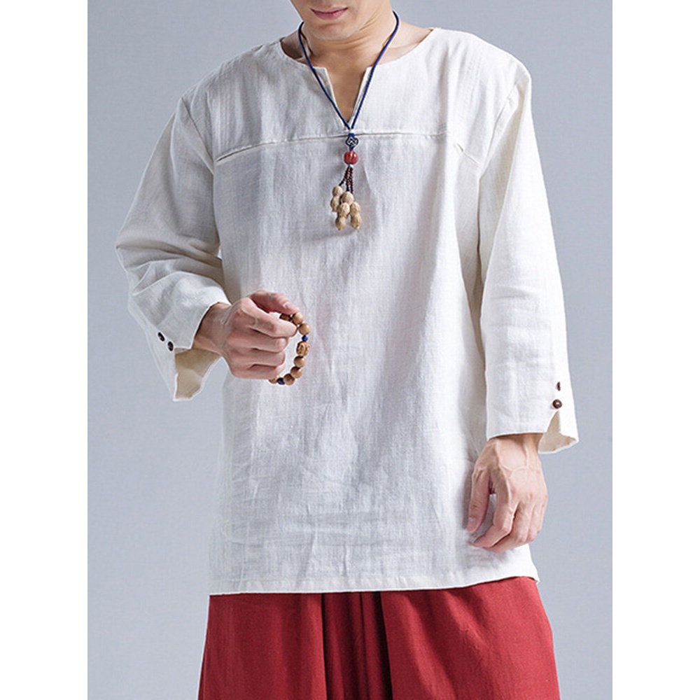 Mens 100% Cotton Plain Color Long Sleeve Henley Shirts - 3XL White