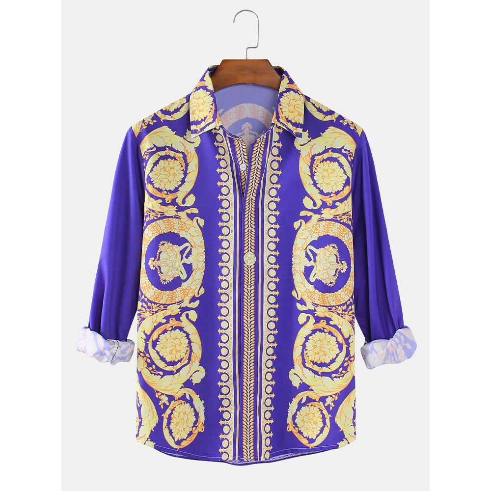Mens Ethnic Style Luxury Print Lapel Long Sleeve Vintage Shirts - Purple XL