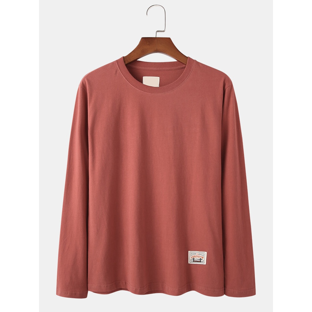 Mens Cotton Label Round Neck Long Sleeve Basic T-Shirts - White M