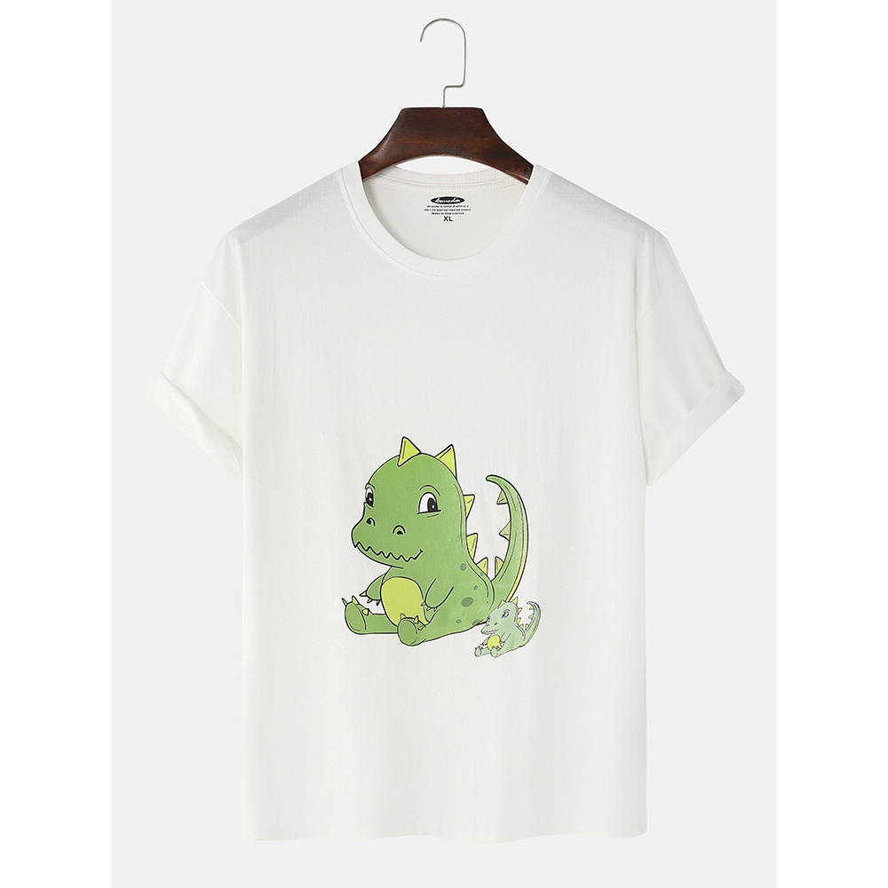 Mens Cotton Dinosaur Cartoon Print Crew Neck Short Sleeve T-Shirts - White M