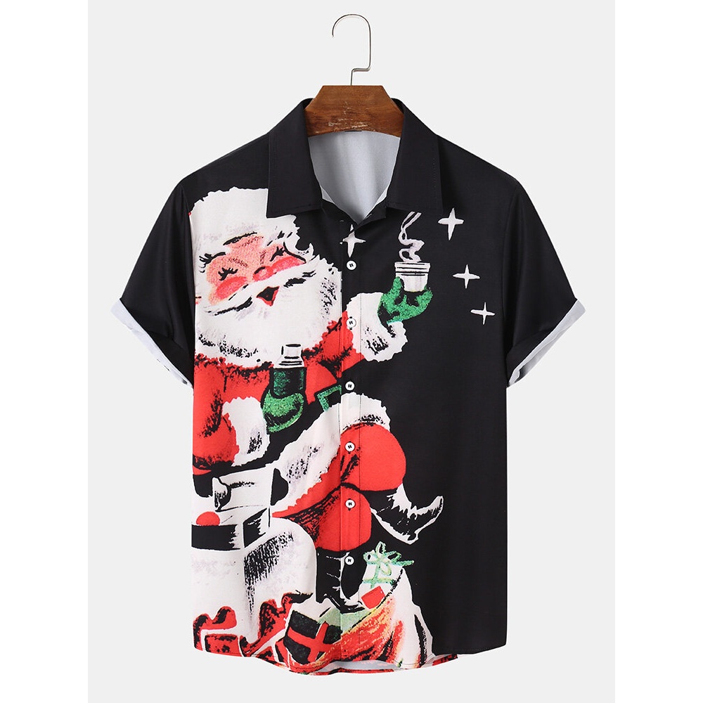 Men  Santa Claus Lapel Collar Short Sleeve Casual Shirts - Black M