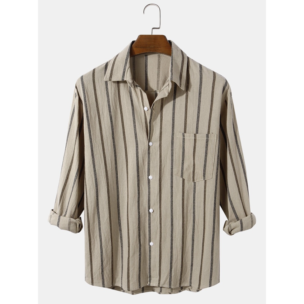 Mens Vertical Stripe Cotton Relaxed Fit Button Up Long Sleeve Shirts With Pocket - Khaki S