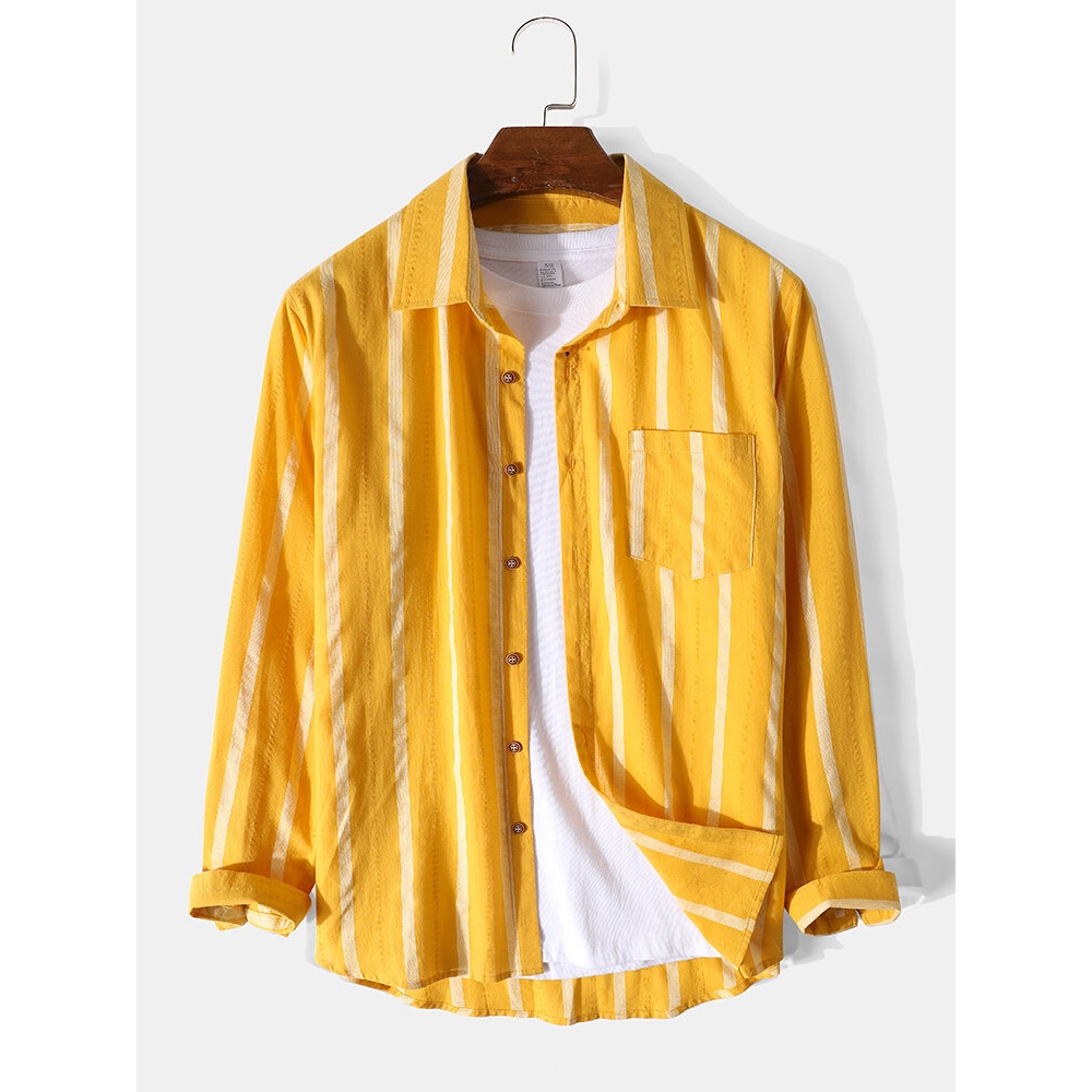 Mens Vertical Stripe Button Up 100% Cotton Casual Long Sleeve Shirts - Yellow S