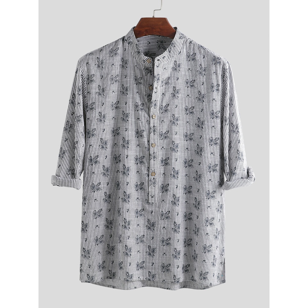 Mens Floral Printed Half Sleeve Striped Shirts - M Grey