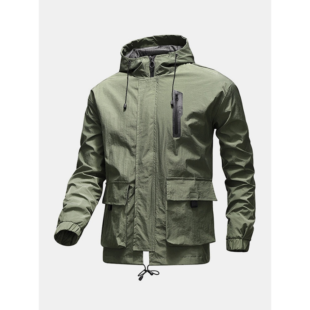 Mens Letter Back Print Zip Front Loose Drawstring Hooded Waterproof Outdoors Jackets - Green 3XL