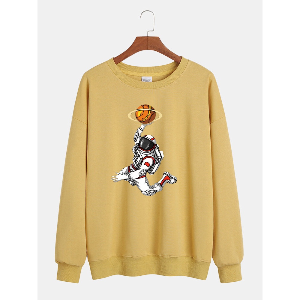 Mens Cotton Funny Astronaut Print Long Sleeve Pullover Drop Shoulder Casual Sweatshirts - Purple S