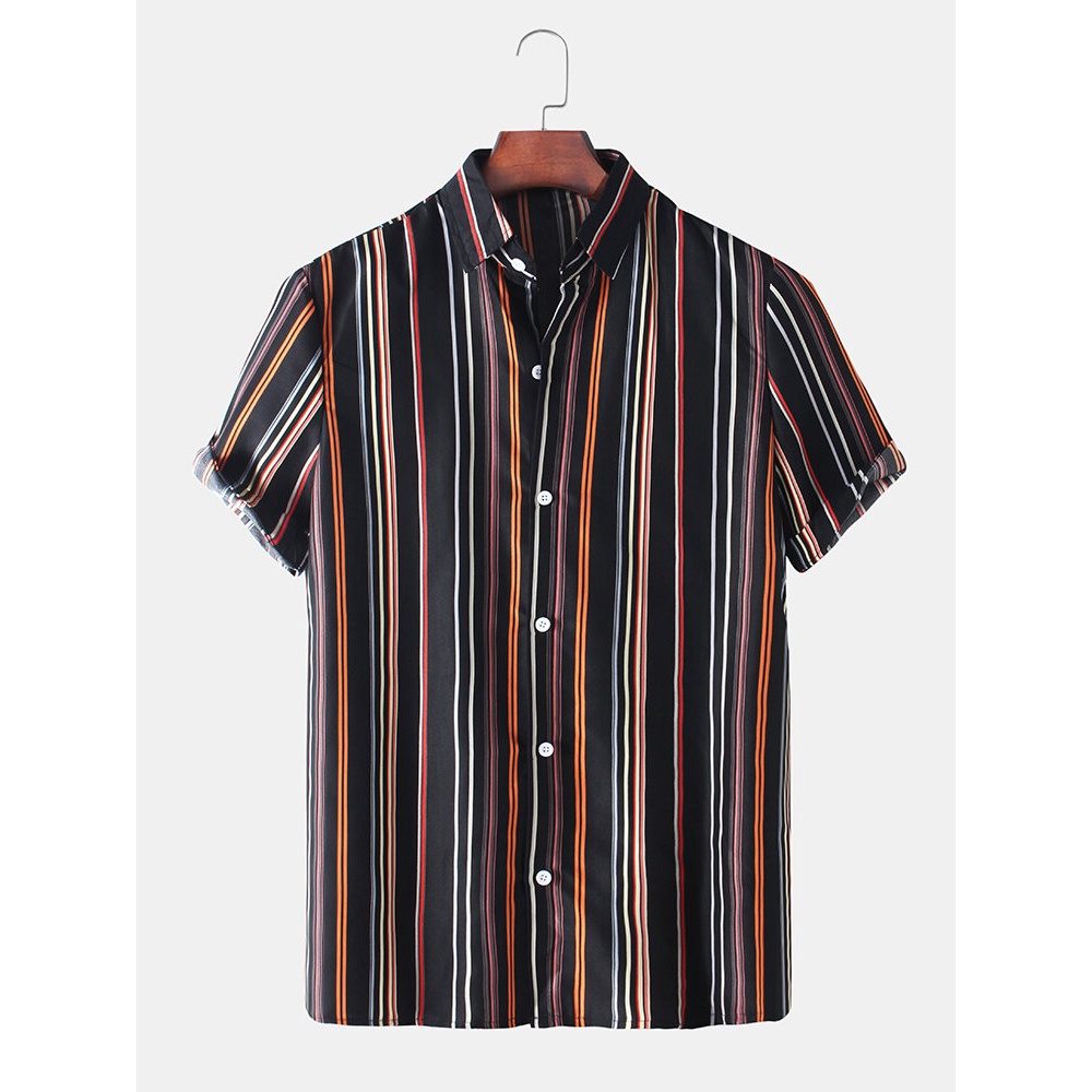 Mens Colorful Vertical Stripes Lapel Collar Casual Short Sleeve Shirts - Colorful M