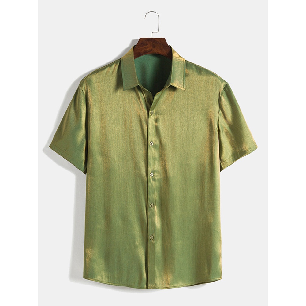 Mens Casual Solid Color Turn Down Collar Short Sleeve Shirts - Green M
