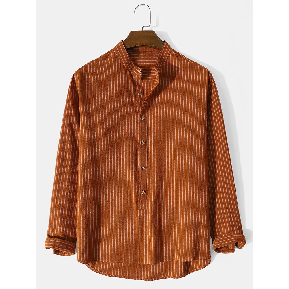 Mens Striped Stand Collar High Low Casual Long Sleeve Henley Shirts - Blue S