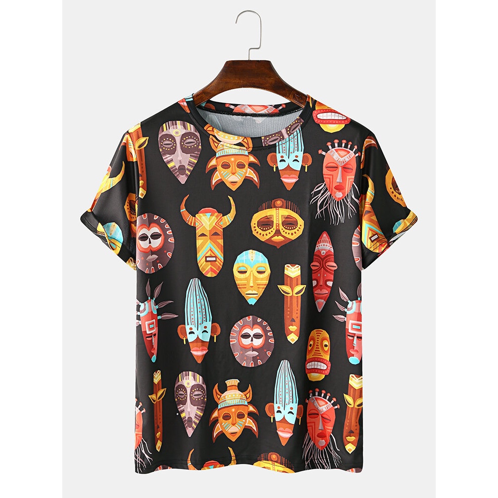 Ethnic Style Egyptian Design Print Round Neck Short Sleeve Casual T-Shirts - Yellow M