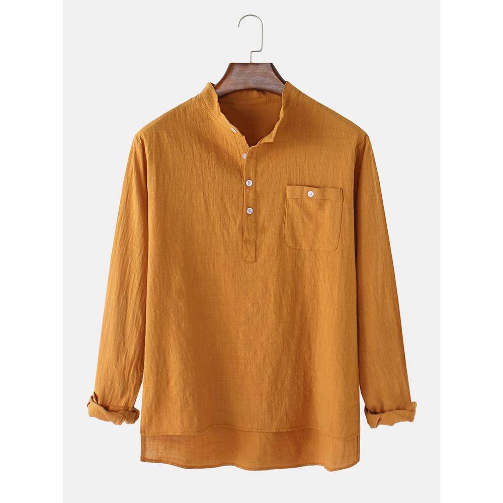Mens Flax Chest Pocket Long Sleeve Solid Color High-Low Hem Henley Shirts - Green S