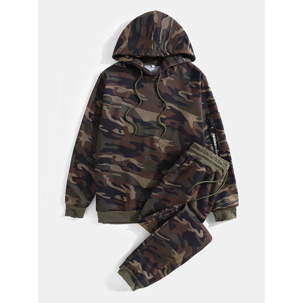 Mens Camouflage Print Drawstring Hoodie Jogger Pants Two-Piece Sports Set - Grey L