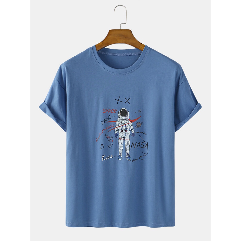 Cartoon Astronaut Pattern Script Print Short Sleeve Cotton Breathable T-Shirts - White M
