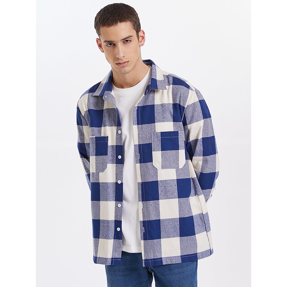 Mens Check Button Up Lapel Double Pocket Casual Long Sleeve Shirts - Blue S