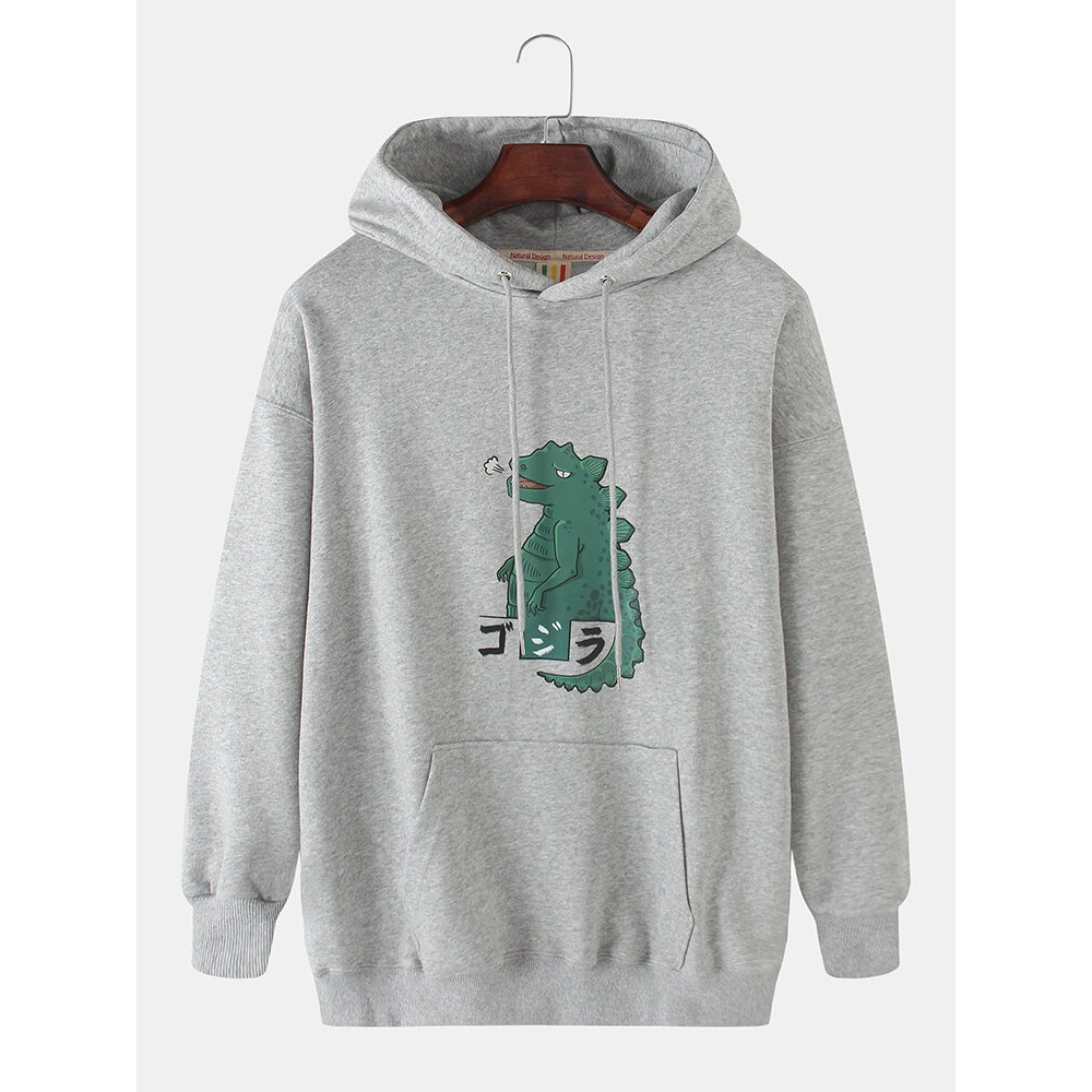 Mens Cartoon Dinosaur Print Drop Shoulder Hoodies With Kangaroo Pocket - Black 4XL