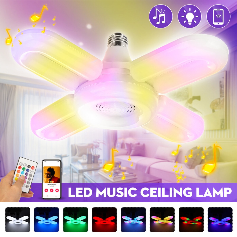 3-IN-1 bluetooth Music Light RGB Ceiling Lamp Foldable 4 Leaves LED Bulb with Remote Control - Image 2