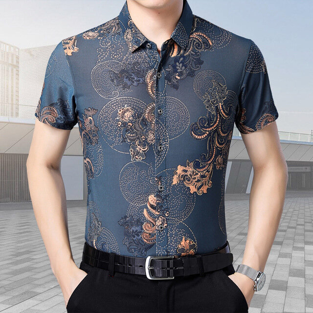 Short-sleeved shirts mens large size printing shirt casual - M Navy Blue - Image 2