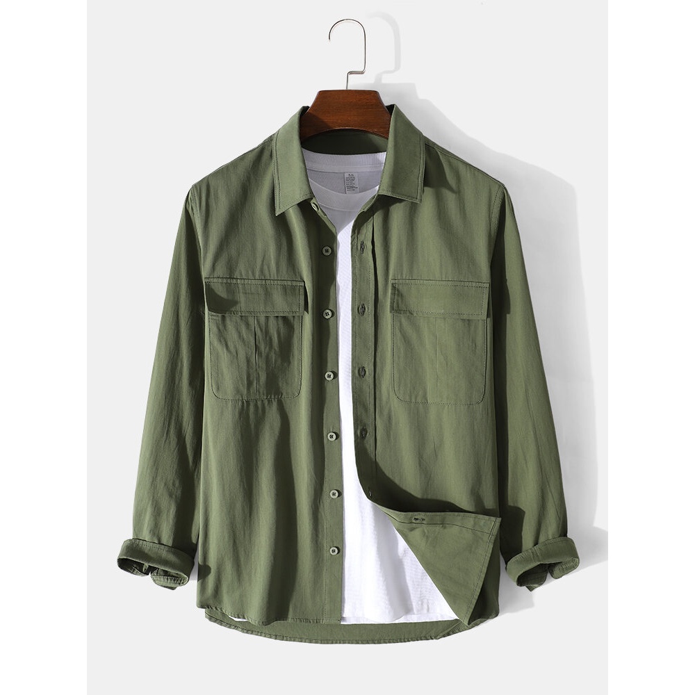 Mens 100% Cotton Button Down Pocket Army Green Shirt - Army Green 2XL