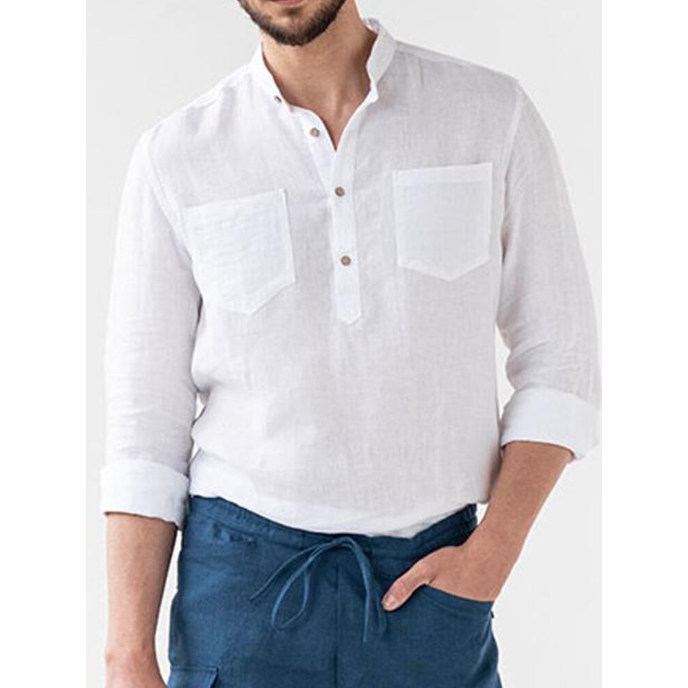 Mens 100% Cotton Double Pocket Solid Color Long Sleeve Henley Shirts - White S