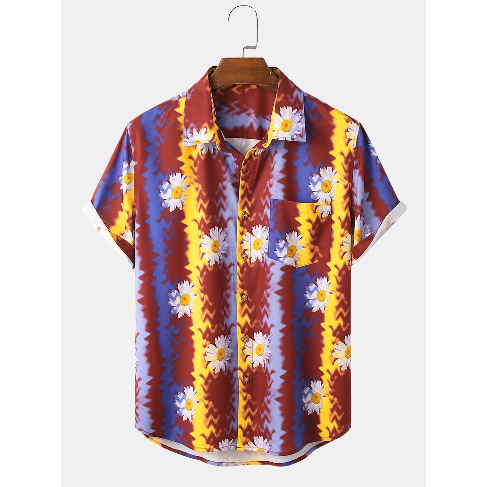 Mens Flower Print Wave Pattern Lapel Short Sleeve Shirt - Red S