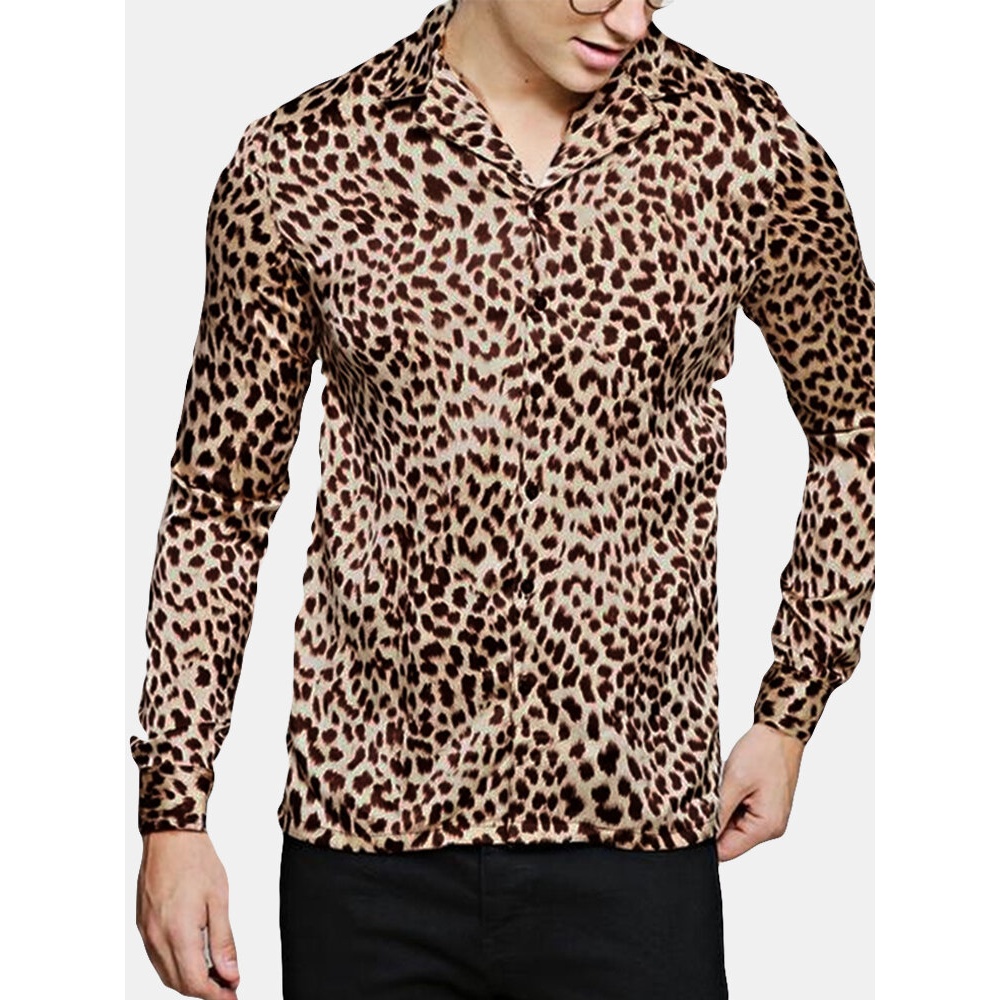 Men's Casual Leopard Printing Long Sleeve Shirts - M Coffee