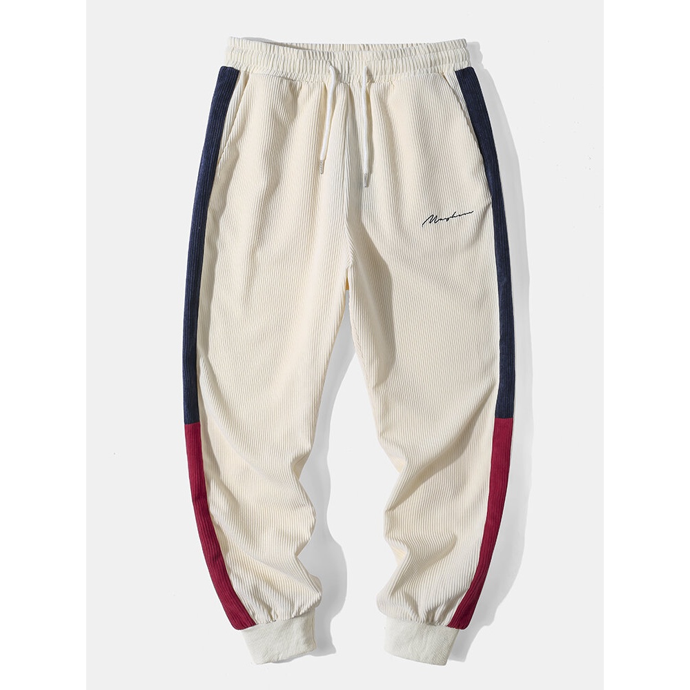 Men Corduroy Character Embroidered Contrast Patchwork Casual Pants - Apricot S