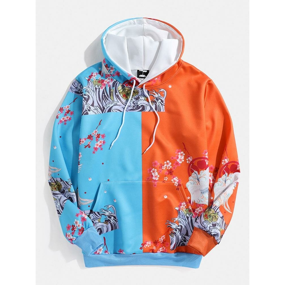 Mens Patchwork Landscape Print Kangaroo Pocket Hoodies - M Blue