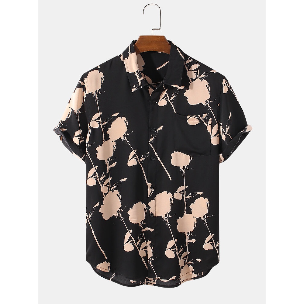 Mnes Flower Print Pocket Lapel Short Sleeve Shirt - Khaki S