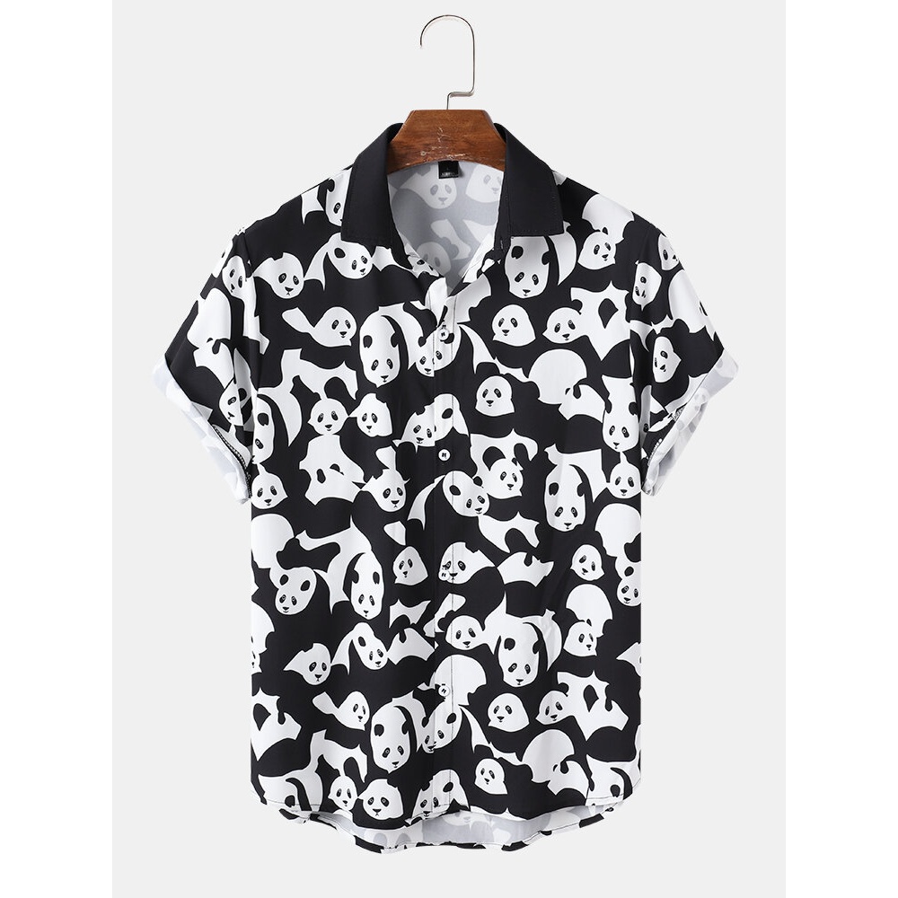 Mens Cartoon Panda Print Color Contrast Short Sleeve Shirt - Black S