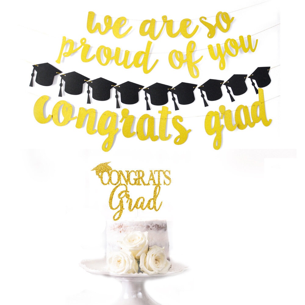 Graduation Party Banner Golden Shining We Are So Proud Of You Paper Hat Hanging Banner Party Decoration - #4