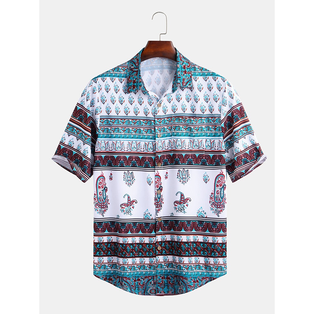 Mens Summer Floral Printing Cotton Relaxed Shirts - M White