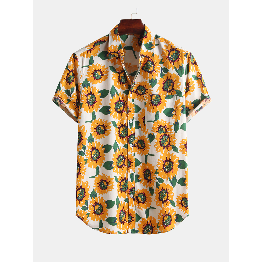 Men Sunflower Printed Chest Pocket Summer Short Sleeve Lapel - 2XL Dark Blue