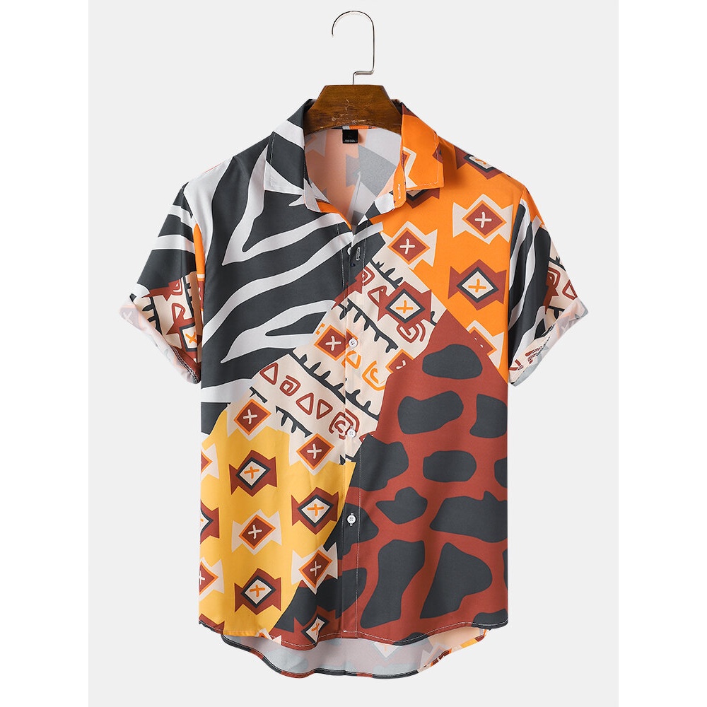 Mens Colorful Patterns Color Block Short Sleeve Shirts - Yellow M