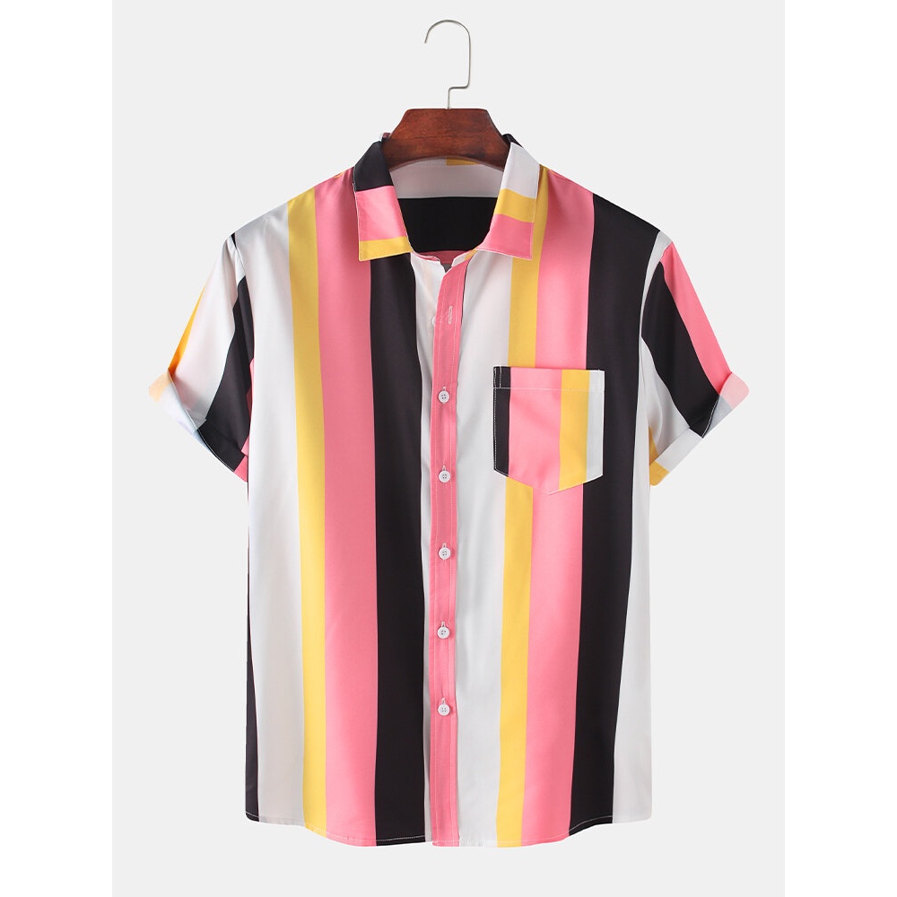 Mens Colorful Striped Practical Pocker Breathable Casual Shirts - Pink XL