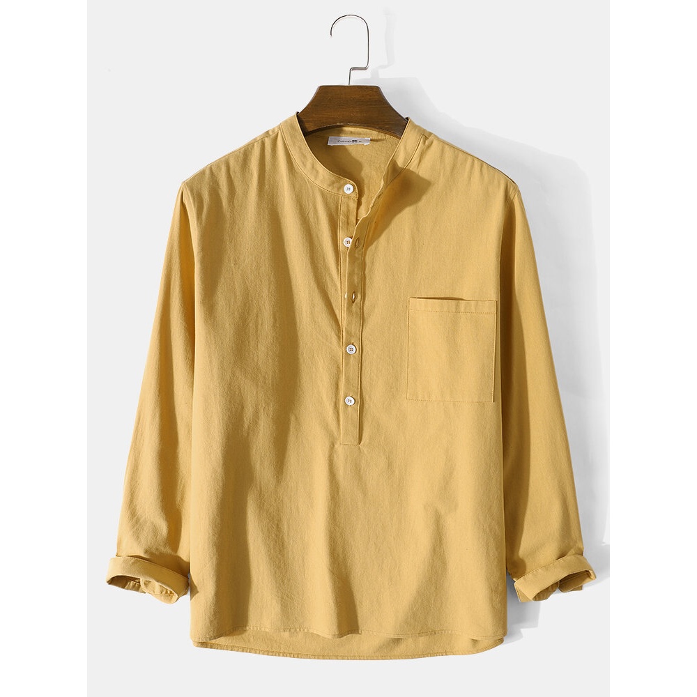 Mens 100% Cotton Basic Solid Color Long Sleeve Henley Shirt - Yellow S