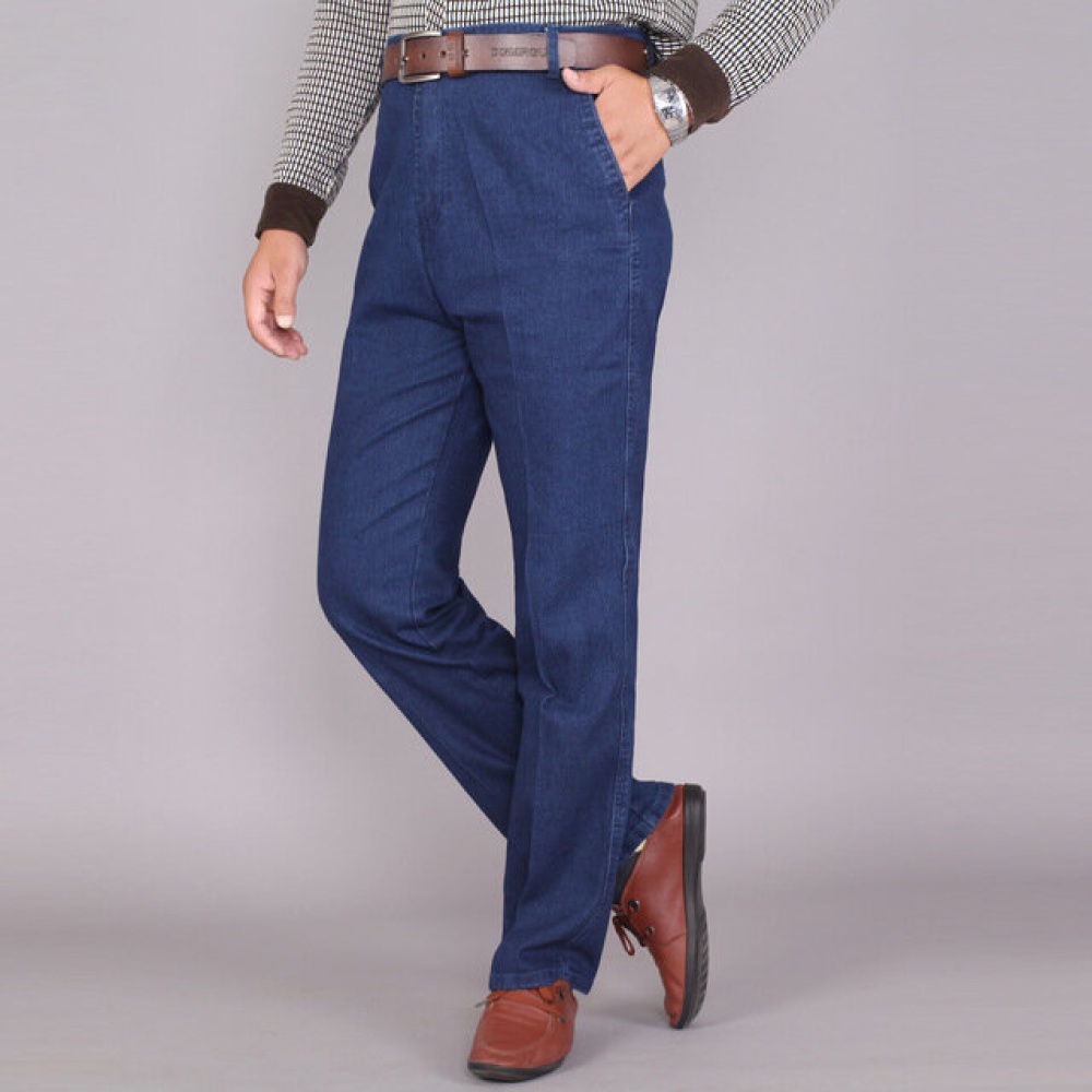 New Men's Middle-aged Men's Jeans Men's Jeans Straight High Waist Stretch Jeans Overalls - 34 (2.7 feet) Dark Blue