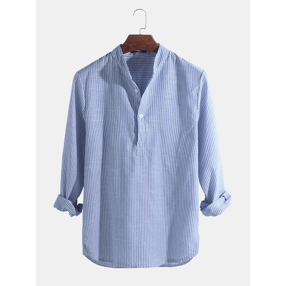 Mens Casual Shirts Dress Shirts Striped Henley Collar V-neck T-Shirt Button Tops - S Black