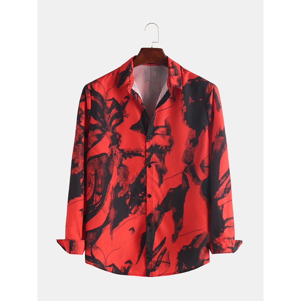 Mens Summer Chinese Ink Printed Long Sleeve Causal Shirts - L White