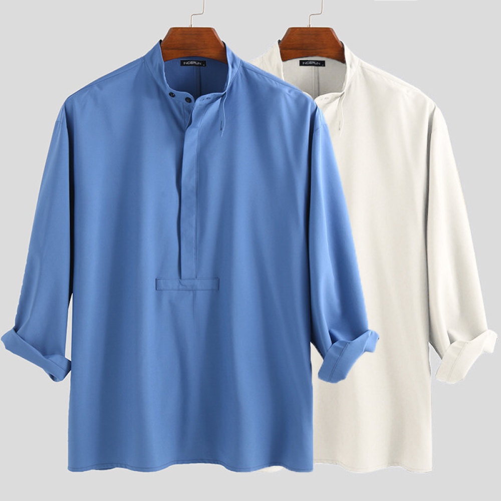 Mens Casual Stylish Stand Collar Solid Color Shirts - S Blue